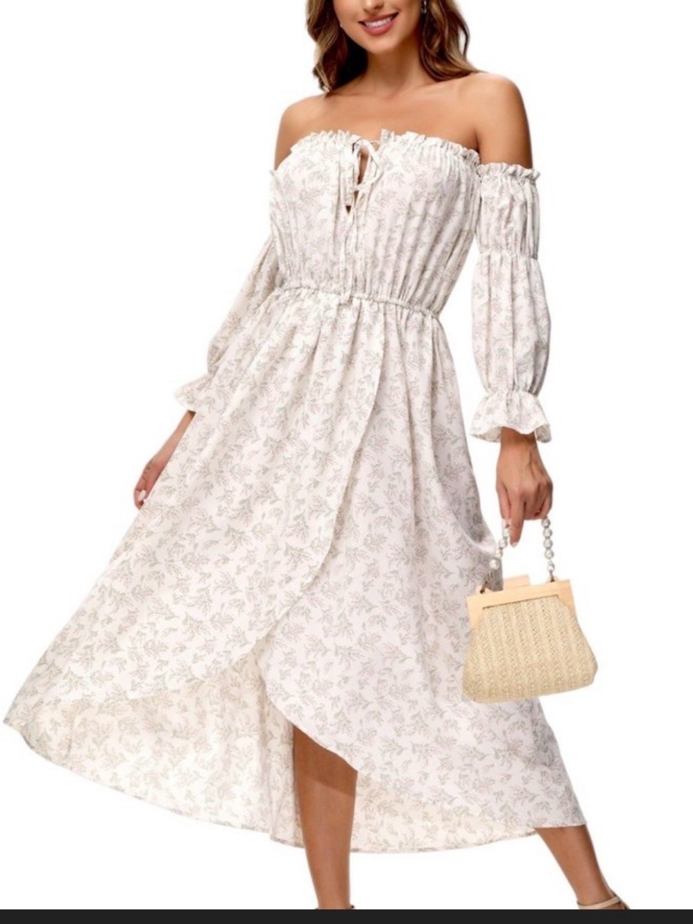 Anna-Kaci Off-Shoulder Cream Floral Maxi Dress Boho Size Medium